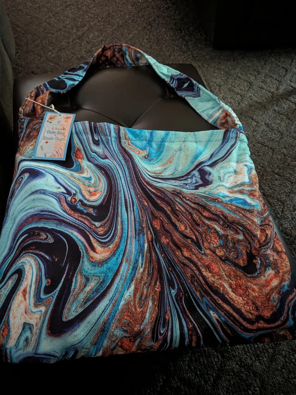 Marbled Swirl 2 In 1 Beach Towel/Tote Bag in Aqua and Copper